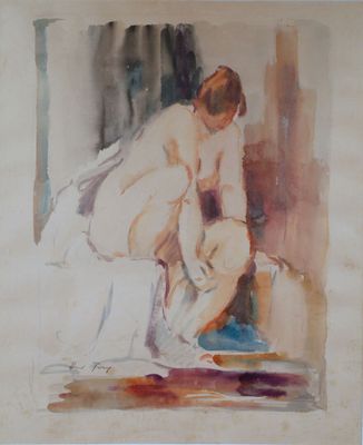 un tableau représentant une femme en train de se laver les pieds par terre