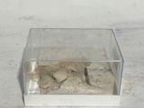 une boîte en verre contenant un peu de sable, posée sur une table