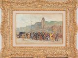 painting of a crowd of people walking down a street in front of a building