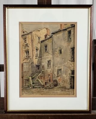 aquarelle encadrée représentant une scène de rue dans un vieux village européen