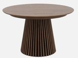 a round wooden table with a wooden base