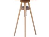 the table is made of wood and has a metal base
