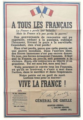 une vieille affiche française sur laquelle figurent un drapeau français et un autre drapeau français