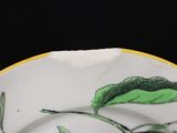 a white bowl with a yellow rim with a green leaf on it