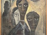an oil painting of a woman and two men in a room