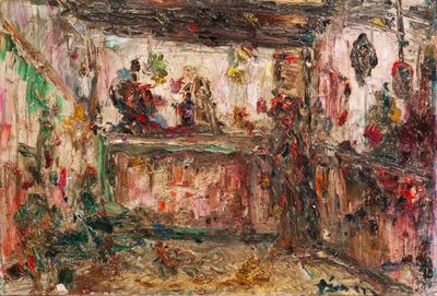 an oil painting of a room with a bunch of flowers on the wall