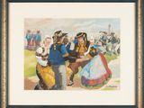 painting of a group of people in traditional clothing dancing in a field