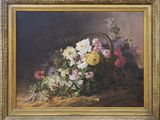 une peinture de fleurs dans un panier sur une table