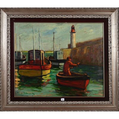 tableau représentant un homme dans un bateau dans un port, avec un phare en arrière-plan