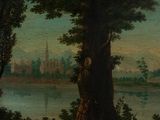 an oil painting of a landscape with a river and a castle in the distance