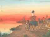 a painting of a man riding a camel with a group of camels