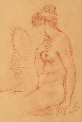drawing of a nude woman looking at her reflection in a mirror