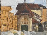 a painting of a building with a clock on it