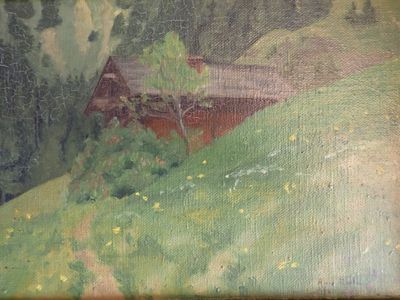 un tableau représentant une grange rouge sur une colline