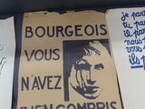 many signs on the table that are on display