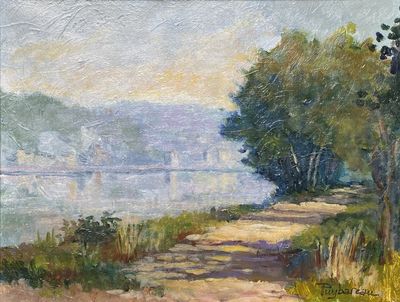 an oil painting of a path leading to a body of water