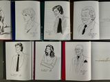 sketches of a man in a suit and tie sitting on a table