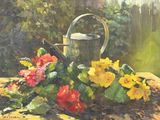 a painting of a watering can and flowers on a table