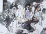 dessin représentant un groupe de personnes en train de danser dans une salle de bal
