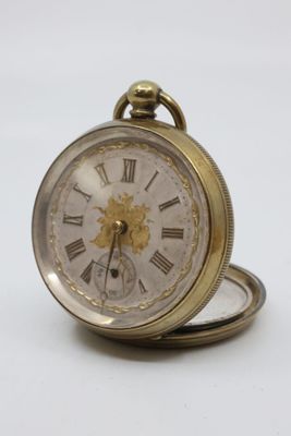 a gold pocket watch with roman numerals on the face