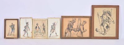 five framed pictures of people in different poses