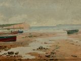a painting of two boats on the beach by the water