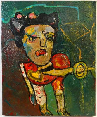 une image représentant un tableau où l'on voit une femme tenant une raquette de tennis