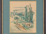 une image représentant une aquarelle représentant un paysage avec des arbres