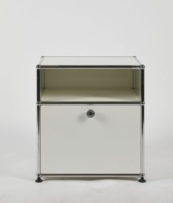 an image of a small white cabinet with a drawer underneath it