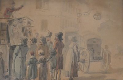 une peinture représentant un groupe de personnes devant un bâtiment