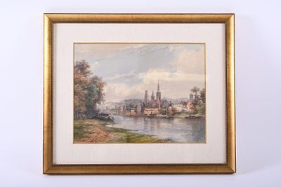 an image of a painting of a city by a river