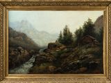 an image of a painting of a mountain scene with a cabin in the foreground