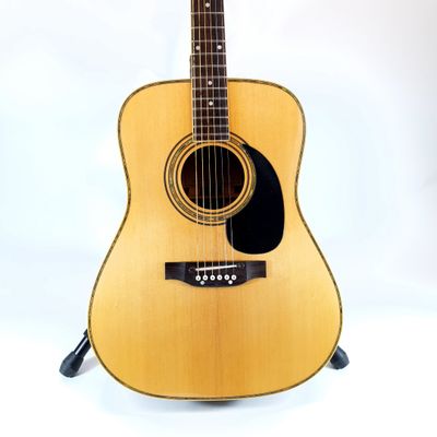a guitar that is sitting on a stand on a white background