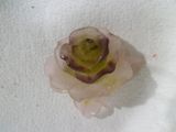 une petite fleur rose au centre vert posée sur une surface blanche