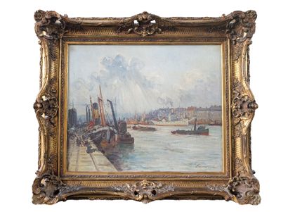 an image of a painting of a harbor scene with boats in the water