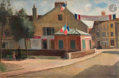 une peinture représentant un immeuble situé à un coin de rue
