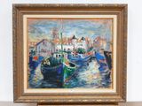 a painting of boats in a harbor with buildings in the background