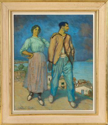 tableau représentant un homme et une femme debout l'un à côté de l'autre sur une plage