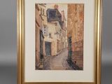 une image d'une peinture représentant une scène de rue dans un cadre doré