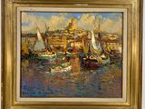 une peinture à l'huile représentant une scène de port avec des voiliers au premier plan
