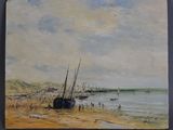 painting of a beach scene with boats on the shore and people walking on the sand