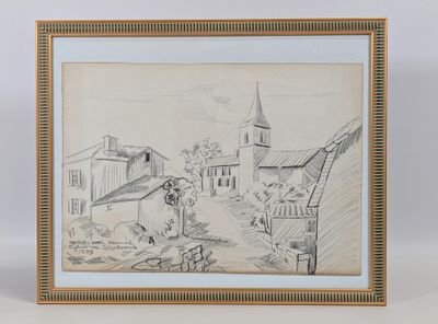 un vieux dessin représentant un village avec une église en arrière-plan