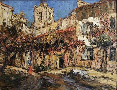 an oil painting of a street scene with a church in the background