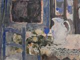 a painting of a table with a vase of flowers on it