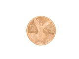 a close up of a gold coin on a white background