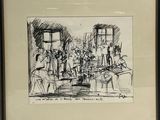 dessin d'un groupe de personnes assises autour d'une table dans une pièce