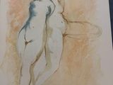drawing of a nude woman with a frisbee in her hand