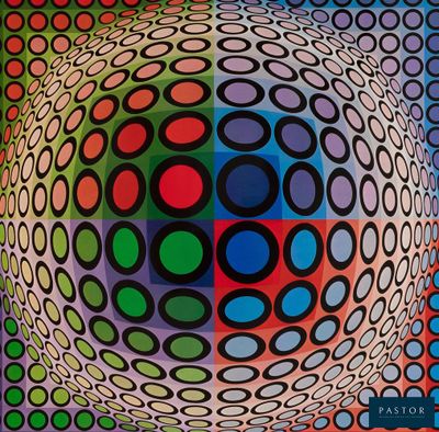 an image of a painting of a sphere with many circles on it
