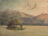 tableau représentant un lac avec une petite île au milieu de l'eau
