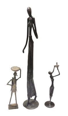 three bronze figurines of a woman holding a bowl and a man holding a bowl